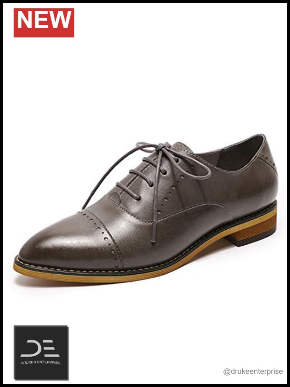 Women's Leather Pointed Toe Oxford Brogues Lace Up Flats